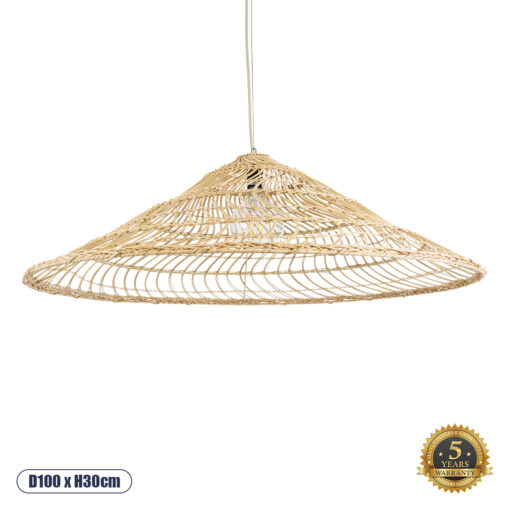GloboStar® KAIA 02348 Boho Κρεμαστό Φωτιστικό Οροφής Μονόφωτο 1 x E27 AC220-240V IP20 – Φ100 x Υ30cm – Μπεζ Ξύλινο Μπαμπού Πλέγμα Καμπάνα – 5 Χρόνια Εγγύηση
