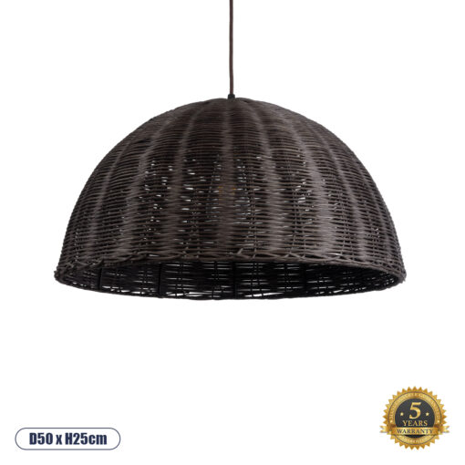 GloboStar® MONTANA 02381 Boho Κρεμαστό Φωτιστικό Οροφής Μονόφωτο 1 x E27 AC220-240V IP20 – Φ50 x Υ25cm – Σκούρο Καφέ Μπαμπού Πλέγμα Καμπάνα – 5 Χρόνια Εγγύηση