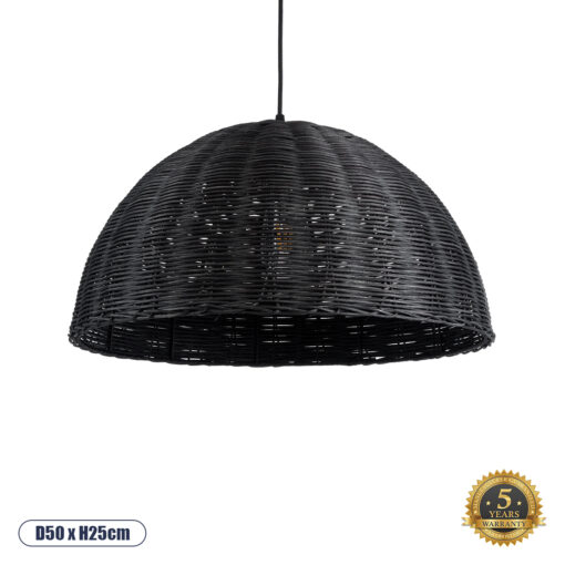 GloboStar® MONTANA 02383 Boho Κρεμαστό Φωτιστικό Οροφής Μονόφωτο 1 x E27 AC220-240V IP20 – Φ50 x Υ25cm – Μαύρο Μπαμπού Πλέγμα Καμπάνα – 5 Χρόνια Εγγύηση