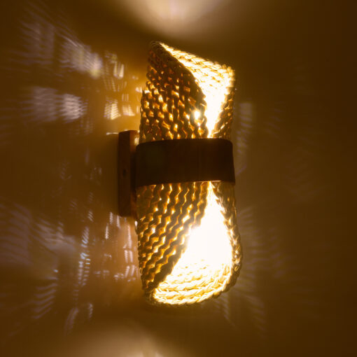 GloboStar® GUAVA 02385 Boho Φωτιστικό Τοίχου – Απλίκα Δίφωτο 2 x G9 AC220-240V IP20 – Μ11 x Π13 x Υ30cm – Μπεζ Ξύλινο Μπαμπού Πλέγμα με Καφέ Δέρμα