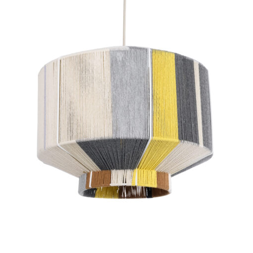 GloboStar® SALERNO 02388 Boho Κρεμαστό Φωτιστικό Οροφής Μονόφωτο 1 x E27 AC220-240V IP20 – Φ40 x Υ35cm – Γρι με Κίτρινο και Μπεζ – Καφέ με Μωβ Λεπτομέρεια Λεπτό Νήμα Πλέγμα Βαμβακερό Καπέλο