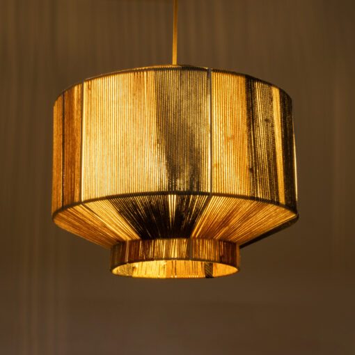 GloboStar® SALERNO 02388 Boho Κρεμαστό Φωτιστικό Οροφής Μονόφωτο 1 x E27 AC220-240V IP20 – Φ40 x Υ35cm – Γρι με Κίτρινο και Μπεζ – Καφέ με Μωβ Λεπτομέρεια Λεπτό Νήμα Πλέγμα Βαμβακερό Καπέλο