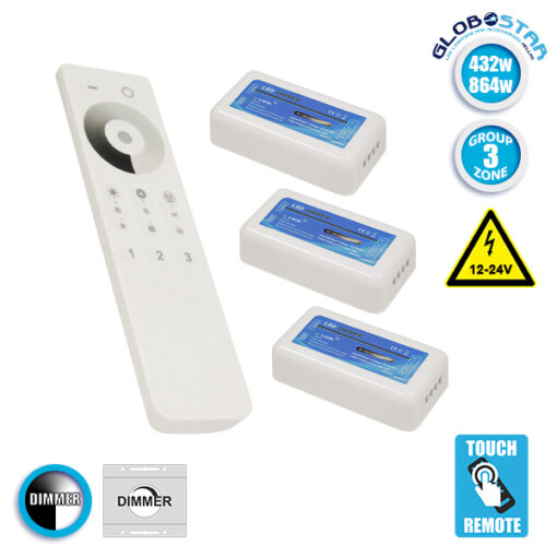 Ασύρματο LED Dimmer με Χειριστήριο Αφής 2.4G RF για Τρία Groups 12v (432w) – 24v (864w) DC GloboStar 04238