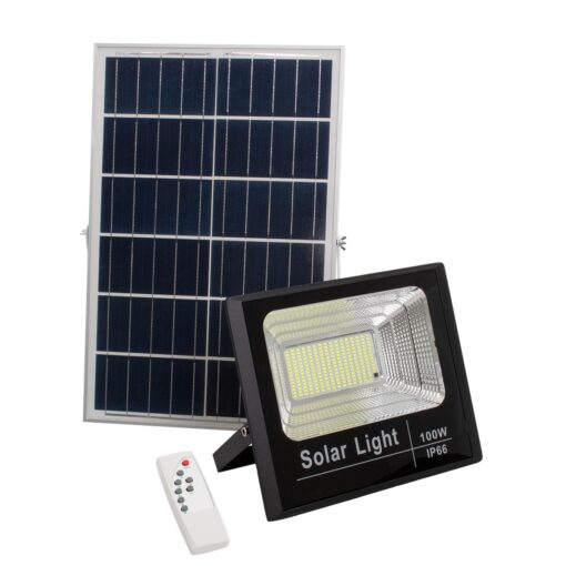 GloboStar® 71557 Αυτόνομος Ηλιακός Προβολέας LED SMD 100W 8000lm με Ενσωματωμένη Μπαταρία 15000mAh – Φωτοβολταϊκό Πάνελ με Αισθητήρα Ημέρας-Νύχτας και Ασύρματο Χειριστήριο RF 2.4Ghz Αδιάβροχος IP66 Ψυχρό Λευκό 6000K