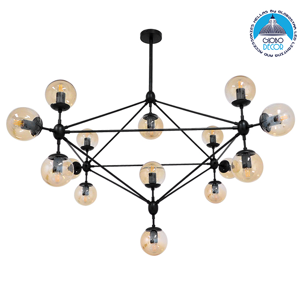 GloboStar® SENTINEL 01637 Μοντέρνο Industrial Κρεμαστό Φωτιστικό Οροφής Πολύφωτο 15 x E27 Μαύρο Μεταλλικό Πολυέλαιος με Μελί Γυαλί Φ150 x Υ115cm