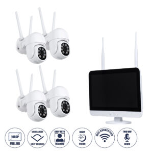 GloboStar® 86041 Ασύρματο Καταγραφικό με Οθόνη – 4 x Camera 2MP 1080P WiFi  360° Μοιρών – Αδιάβροχο IP66 – Νυχτερινή Όραση με LED IR – Διπλή Κατέυθυνση Ομιλίας – Ανιχνευτή Κίνησης – Νυχτερινή Λήψη – Λευκό