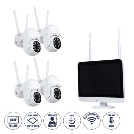 GloboStar® 86041 Ασύρματο Καταγραφικό με Οθόνη – 4 x Camera 2MP 1080P WiFi  360° Μοιρών – Αδιάβροχο IP66 – Νυχτερινή Όραση με LED IR – Διπλή Κατέυθυνση Ομιλίας – Ανιχνευτή Κίνησης – Νυχτερινή Λήψη – Λευκό