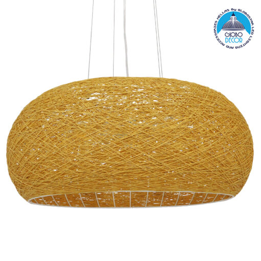 GloboStar® FIJI 01628 Vintage Κρεμαστό Φωτιστικό Οροφής Πολύφωτο 5 x E27 Μπέζ Rattan Φ60 x Υ29cm