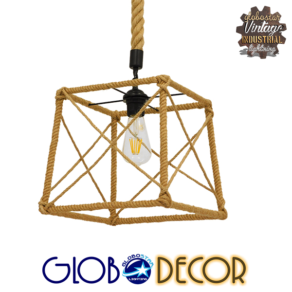 GloboStar® POLISHED 01616 Vintage Κρεμαστό Φωτιστικό Οροφής Μονόφωτο 1 x E27 Πλέγμα με Μπεζ Σχοινί Μ30 x Π28 x Υ30cm