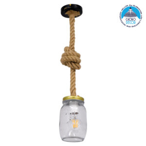 GloboStar® JAM 01128 Vintage Κρεμαστό Φωτιστικό Οροφής Μονόφωτο 1 x E27 Γυάλινο με Μπεζ Σχοινί Φ11 x Y120cm