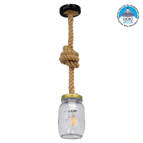GloboStar® JAM 01128 Vintage Κρεμαστό Φωτιστικό Οροφής Μονόφωτο 1 x E27 Γυάλινο με Μπεζ Σχοινί Φ11 x Y120cm