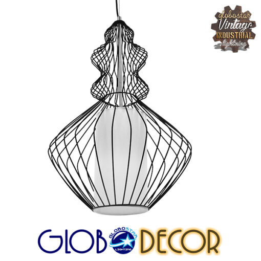 GloboStar® LILY 01558 Vintage Industrial Κρεμαστό Φωτιστικό Οροφής Μονόφωτο Μαύρο Μεταλλικό Πλέγμα και Υφασμάτινο Εσωτερικό Καπέλο Φ40 x Υ60cm
