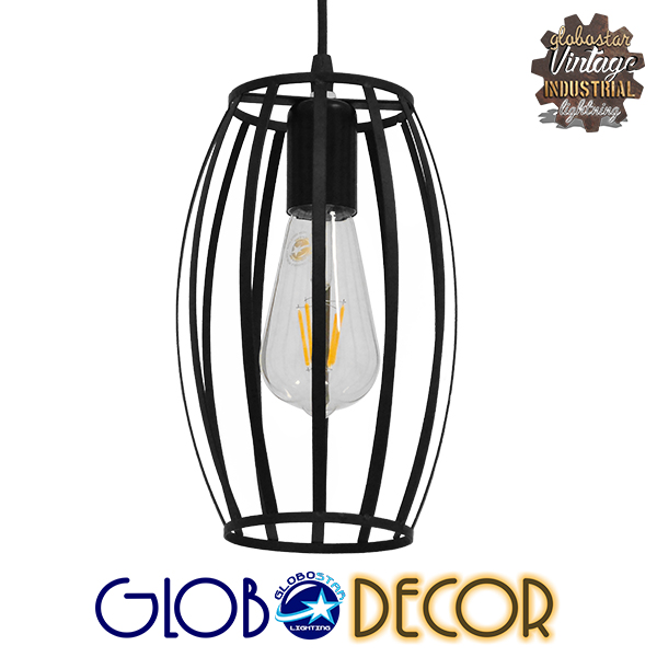 GloboStar® ZEBRA 01062 Vintage Industrial Κρεμαστό Φωτιστικό Οροφής Μονόφωτο Μαύρο Μεταλλικό Πλέγμα Φ15 x Y24cm