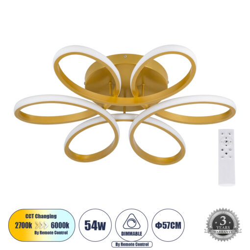 GloboStar® MARGARET 61403 Φωτιστικό Οροφής Design LED CCT 54W 6210lm 360° AC 220-240V – Εναλλαγή Φωτισμού μέσω Τηλεχειριστηρίου All In One Ψυχρό 6000k+Φυσικό 4500k+Θερμό 2700k Dimmable Φ57 x Υ12cm – Χρυσό Βούρτσας – 3 Years Warranty