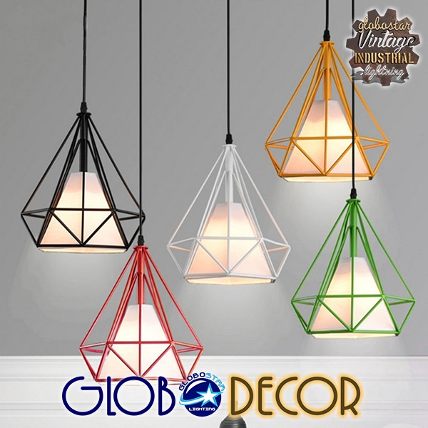 GloboStar® KAIRI 01619 Μοντέρνο Industrial Κρεμαστό Φωτιστικό Οροφής Μονόφωτο 1 x E27 Λευκό με Ύφασμα Μεταλλικό Πλέγμα Φ38 x Υ39cm