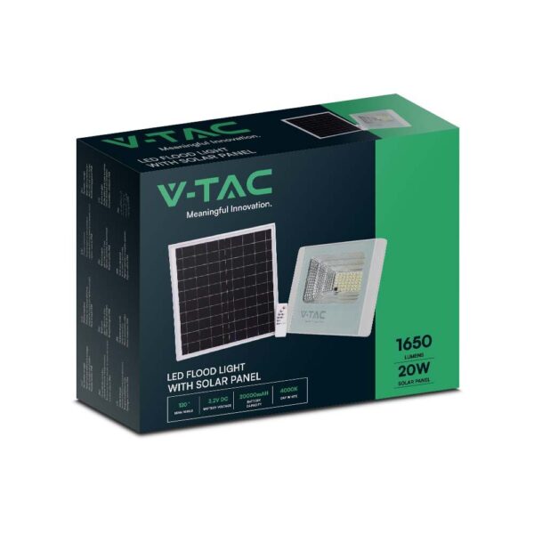 LED Ηλιακός Προβολέας 20W Λευκός V-TAC IP65 1650lm Φυσικό Λευκό 4000K – 10408