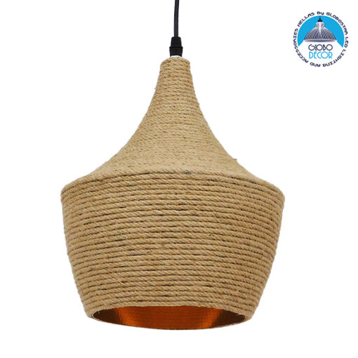 GloboStar® SHANGHAI ROPE 00916 Μοντέρνο Κρεμαστό Φωτιστικό Οροφής Μονόφωτο 1 x E27 με Μπεζ Σχοινί Καμπάνα Φ24 x Υ30cm