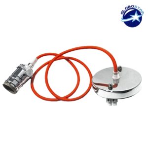 GloboStar® 115101 Κρεμαστό Φωτιστικό Οροφής Ανάρτηση με Νίκελ Μεταλλική Βάση – Υφασμάτινο Πορτοκαλί Καλώδιο και Νίκελ Μεταλλικό Ντουί Ε27