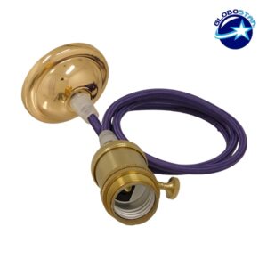 GloboStar® 115103 Κρεμαστό Φωτιστικό Οροφής Ανάρτηση με Χρυσή Μεταλλική Βάση – Υφασμάτινο Μωβ Καλώδιο και Χρυσό Μεταλλικό Ντουί Ε27
