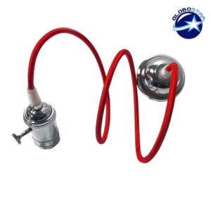 GloboStar® 115104 Κρεμαστό Φωτιστικό Οροφής Ανάρτηση με Νίκελ Μεταλλική Βάση – Υφασμάτινο Κόκκινο Καλώδιο και Νίκελ Μεταλλικό Ντουί Ε27