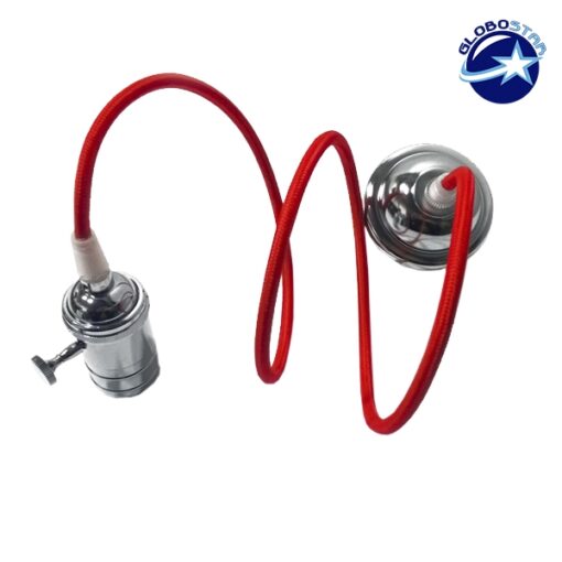 GloboStar® 115104 Κρεμαστό Φωτιστικό Οροφής Ανάρτηση με Νίκελ Μεταλλική Βάση – Υφασμάτινο Κόκκινο Καλώδιο και Νίκελ Μεταλλικό Ντουί Ε27