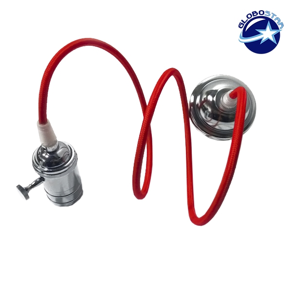 GloboStar® 115104 Κρεμαστό Φωτιστικό Οροφής Ανάρτηση με Νίκελ Μεταλλική Βάση – Υφασμάτινο Κόκκινο Καλώδιο και Νίκελ Μεταλλικό Ντουί Ε27