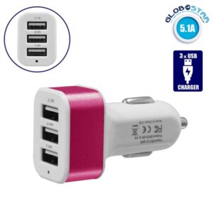GloboStar® 115111 Φορτιστής Αναπτήρα Αυτοκινήτου Φόρτισης 5V με 3xUSB Θύρες Max 2.1A Λευκό – Φούξια