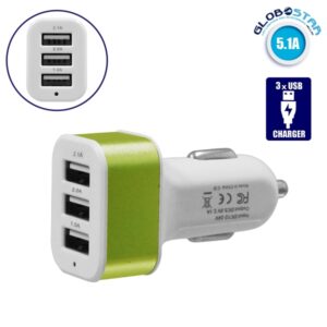 GloboStar® 115113 Φορτιστής Αναπτήρα Αυτοκινήτου Φόρτισης 5V με 3xUSB Θύρες Max 2.1A Λευκό – Πράσινο