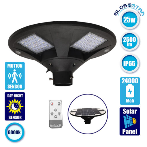 Αυτόνομο Αδιάβροχο IP65 Ηλιακό Φωτοβολταϊκό Φωτιστικό Στύλου / Κολώνας Πλατείας LED 25W με Ανιχνευτή Κίνησης, Αισθητήρα Νυχτός και Ασύρματο Χειριστήριο Ψυχρό Λευκό 6000k GloboStar 12112