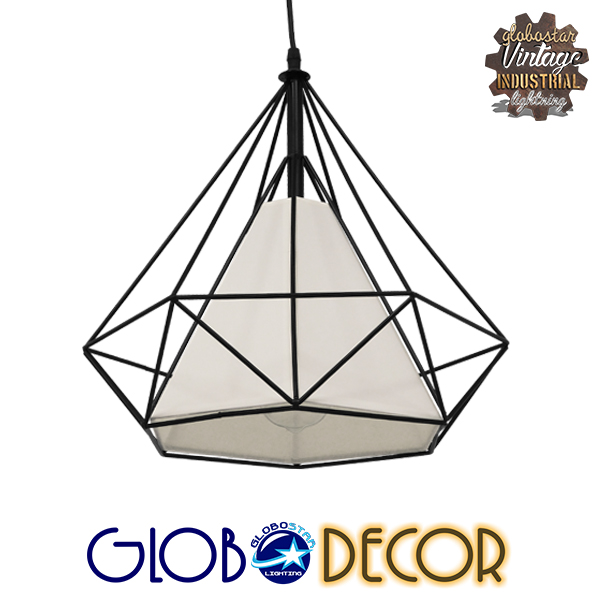 GloboStar® KAIRI 01618 Μοντέρνο Industrial Κρεμαστό Φωτιστικό Οροφής Μονόφωτο 1 x E27 Μαύρο με Άσπρο Ύφασμα Μεταλλικό Πλέγμα Φ38 x Υ39cm