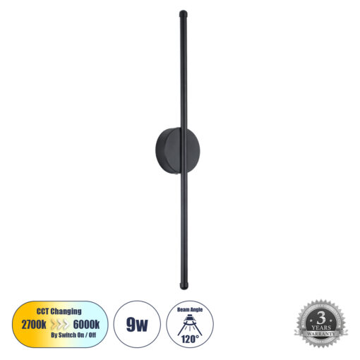 GloboStar® DIADEM 61329 Φωτιστικό Τοίχου – Απλίκα Design LED CCT 9W 1080lm 120° AC 220-240V – Εναλλαγή Φωτισμού μέσω Διακόπτη On/Off All In One Ψυχρό 6000k+Φυσικό 4500k+Θερμό 2700k Μ10 x Π4 x Υ60cm – Μαύρο – 3 Years Warranty