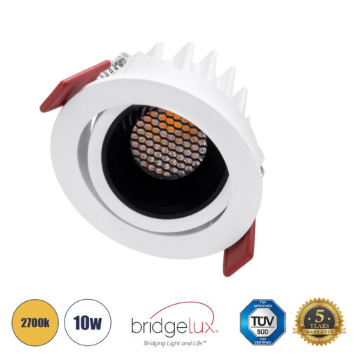 GloboStar® LEO-R 60283 Χωνευτό LED Spot Downlight TrimLess Φ8.5cm 10W 1250lm 38° AC 220-240V IP20 Φ8.5 x Υ6.6cm – Στρόγγυλο – Κινούμενο – Λευκό με Μαύρο Κάτοπτρο & Anti-Glare HoneyComb – Θερμό Λευκό 2700K – Bridgelux COB – 5 Years Warranty