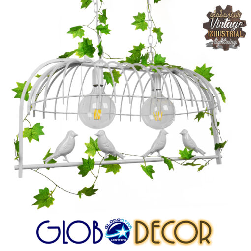 GloboStar® ESSENCE 01644 Vintage Industrial Κρεμαστό Φωτιστικό Οροφής Δίφωτο 2 x E27 Λευκό Μεταλλικό Πλέγμα Μ73.6 x Π37.5 x Y38cm
