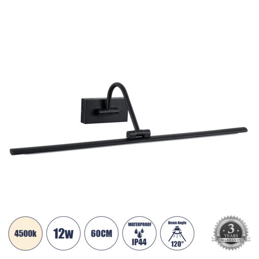 GloboStar® MIRA 60432 Μοντέρνο Φωτιστικό Τοίχου – Απλίκα Καθρέπτη Μπάνιου – Πίνακα LED 12W 1400lm 120° AC 220-240V IP44 Μ60 x Π20 x Υ13cm – Φυσικό Λευκό 4500K – Μαύρο – 3 Χρόνια Εγγύηση