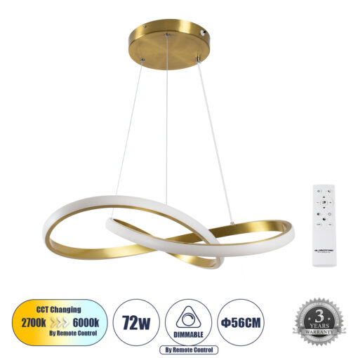 GloboStar® DEXTER 61051 Κρεμαστό Φωτιστικό Οροφής Design LED CCT 72W 8064lm 300° AC 220-240V – Εναλλαγή Φωτισμού μέσω Τηλεχειριστηρίου All In One Ψυχρό 6000k+Φυσικό 4500k+Θερμό 2700k Dimmable Φ56cm – Χρυσό Βούρτσας – 3 Years Warranty