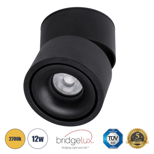 GloboStar® OMEGA-S 60301 Επιφανειακό LED Spot Downlight Φ10cm 12W 1500lm 36° AC 220-240V IP20 Φ10 x Υ10.5cm – Στρόγγυλο – Μαύρο – Θερμό Λευκό 2700K – Bridgelux COB – 5 Years Warranty