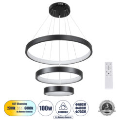GloboStar® NEMESIS TRIO 61167 Κρεμαστό Φωτιστικό Δαχτυλίδι-Κύκλος LED CCT 100W 12123lm 360° AC 220-240V – Εναλλαγή Φωτισμού μέσω Τηλεχειριστηρίου All In One Ψυχρό 6000k+Φυσικό 4500k+Θερμό 2700k Dimmable Φ25+40+60cm – Μαύρο – 3 Years Warranty