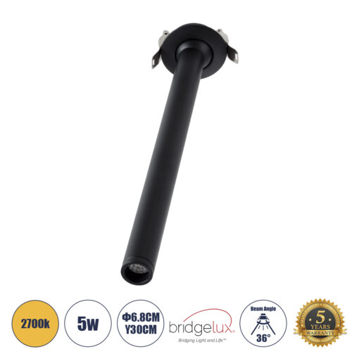 GloboStar® DALE 60373 Χωνευτό LED Κινούμενο Spot Downlight TrimLess Φ6.4cm 5W 500lm 36° AC 220-240V IP20 Φ6.4cm x Υ30cm – Στρόγγυλο – Μαύρο – Θερμό Λευκό 2700K – Bridgelux COB – TÜV Certified Driver – 5 Years Warranty