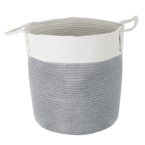 GloboStar® Artificial Garden KASTELLORIZO 20198 Διακοσμητικό Πλεκτό Καλάθι – Κασπώ Γλάστρα – Flower Pot  Γκρι με Λευκό Π35cm x Υ40cm