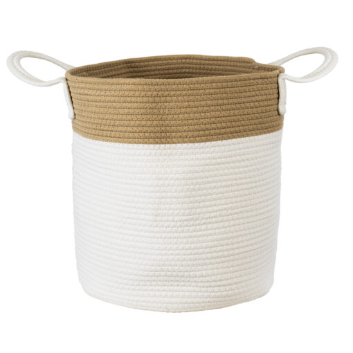 GloboStar® Artificial Garden SAMOTHRAKI 20199 Διακοσμητικό Πλεκτό Καλάθι – Κασπώ Γλάστρα – Flower Pot  Μπεζ με Λευκό Π35cm x Υ40cm