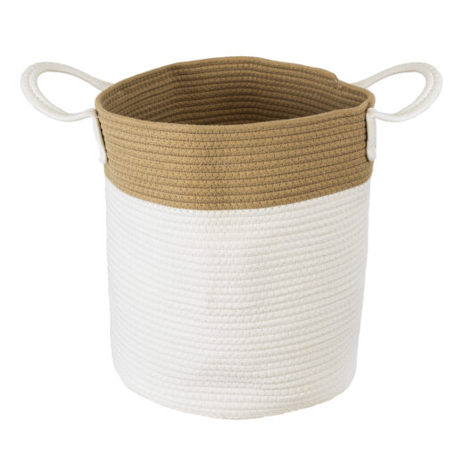 GloboStar® Artificial Garden SAMOTHRAKI 20199 Διακοσμητικό Πλεκτό Καλάθι – Κασπώ Γλάστρα – Flower Pot  Μπεζ με Λευκό Π35cm x Υ40cm