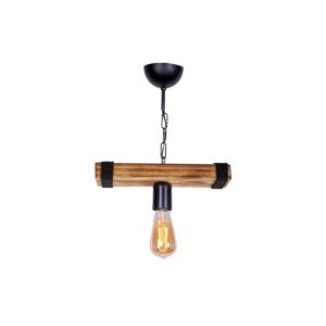GloboStar® GLISTER 201-0001 Vintage Κρεμαστό Φωτιστικό Ράγα Μονόφωτο 1 x E27 IP20 Μπεζ Ξύλο με Μαύρο Σχοινί – Μ30 x Π10 x Υ60cm