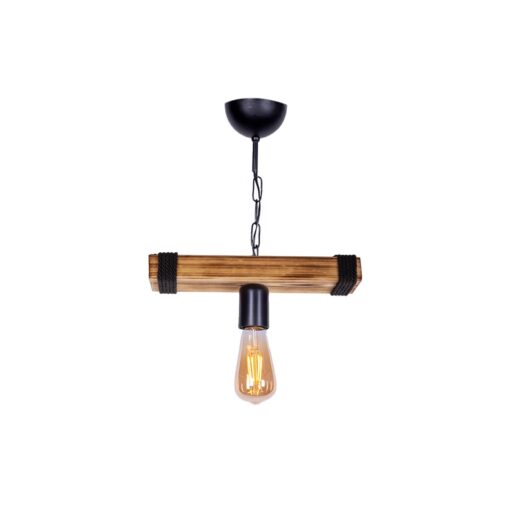 GloboStar® GLISTER 201-0001 Vintage Κρεμαστό Φωτιστικό Ράγα Μονόφωτο 1 x E27 IP20 Μπεζ Ξύλο με Μαύρο Σχοινί – Μ30 x Π10 x Υ60cm