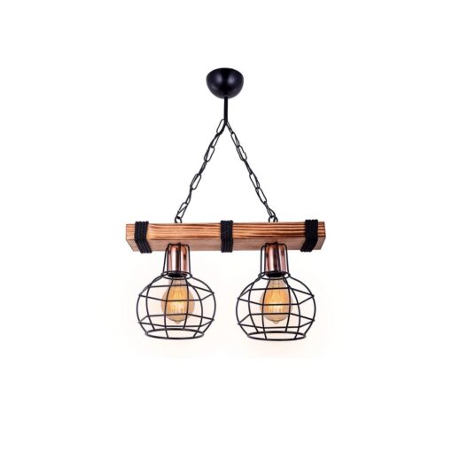 GloboStar® STARLO 201-0005 Vintage Κρεμαστό Φωτιστικό Ράγα Δίφωτο 2 x E27 IP20 Μπεζ Ξύλο με Μαύρο Μέταλλο – Μ40 x Π15x Υ65cm