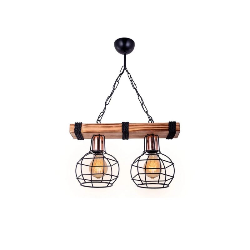 GloboStar® STARLO 201-0005 Vintage Κρεμαστό Φωτιστικό Ράγα Δίφωτο 2 x E27 IP20 Μπεζ Ξύλο με Μαύρο Μέταλλο – Μ40 x Π15x Υ65cm