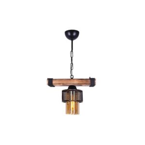 GloboStar® GLORA 201-0007 Vintage Κρεμαστό Φωτιστικό Ράγα Vintage Μονόφωτο 1 x E27 IP20 Μπεζ Ξύλο με Μαύρο Μέταλλο & Μελί Γυαλί – Μ30 x Π15 x Υ60cm