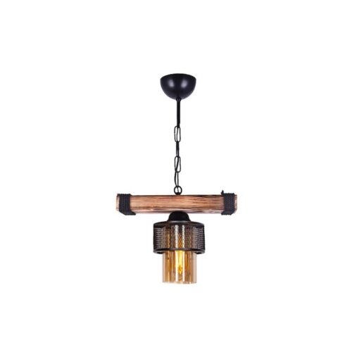 GloboStar® GLORA 201-0007 Vintage Κρεμαστό Φωτιστικό Ράγα Vintage Μονόφωτο 1 x E27 IP20 Μπεζ Ξύλο με Μαύρο Μέταλλο & Μελί Γυαλί – Μ30 x Π15 x Υ60cm