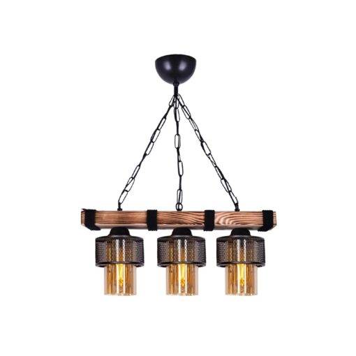 GloboStar® GLORA 201-0009 Vintage Κρεμαστό Φωτιστικό Ράγα Τρίφωτο 3 x E27 IP20 Μπεζ Ξύλο με Μαύρο Μέταλλο & Μελί Γυαλί – Μ50 x Π16 x Υ65cm