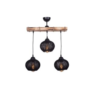 GloboStar® LUMA 201-0010 Vintage Κρεμαστό Φωτιστικό Ράγα Τρίφωτο 3 x E27 IP20 Μπεζ Ξύλο με Μαύρο Σχοινί – Μ50 x Π20 x Υ63cm