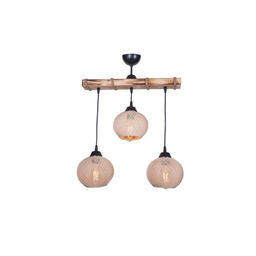 GloboStar® LUMA 201-0011 Vintage Κρεμαστό Φωτιστικό Ράγα Τρίφωτο 3 x E27 IP20 Μπεζ Ξύλο με Μπεζ Σχοινί – Μ50 x Π20 x Υ63cm
